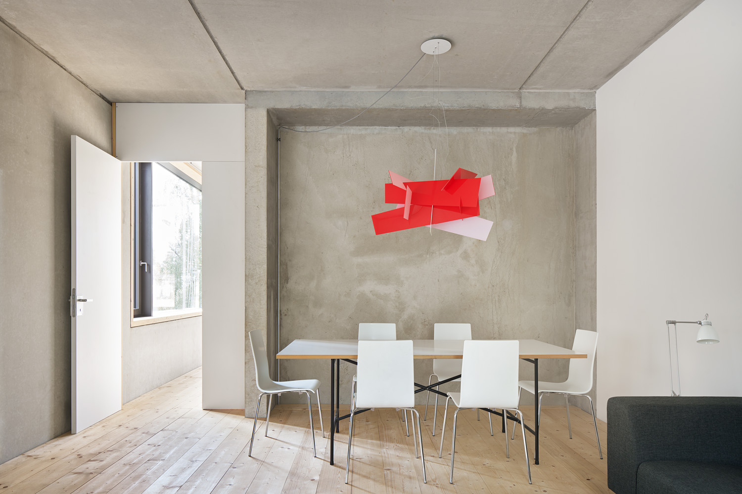 Dining Table E2 - also known as the Eiermann-table, here as a dining table for 6 people, centre table frame in black in combination with a white table top with wooden edging